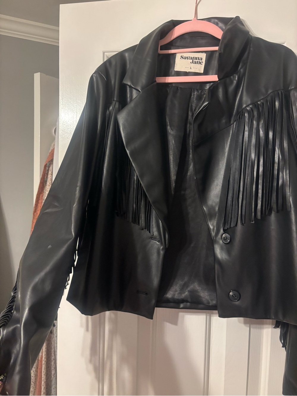 Savanna Jane Black Faux Leather Fringe Blazer